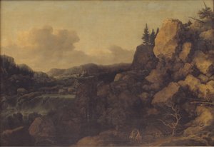 Paysage de montagne avec un couple de cavaliers au premier plan