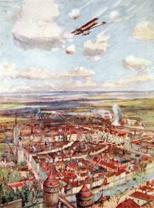 Le lieutenant Rhodes-Moorhouse survolant Courtrai pour bombarder le chemin de fer - Allan Stewart