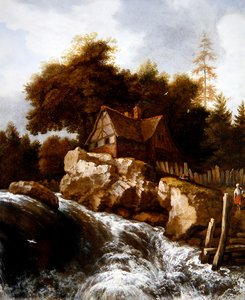 Paysage nordique rocheux avec paysans sur un chemin