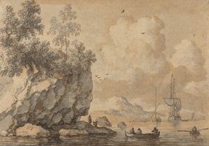 Figures dans des bateaux à rames dans une crique rocheuse, navires à voile au-delà