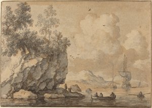 Figures dans des barques dans une crique rocheuse, navires à voile au-delà - Allart van Everdingen
