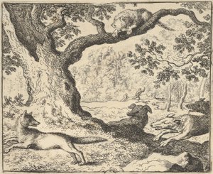 Suivant la fausse histoire de Renard, son père est chassé par des chiens de chasse de Hendrick van..., 1650-75 - Allart van Everdingen