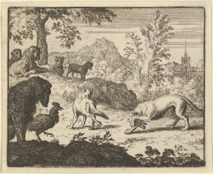 Le Lion permet un combat entre le loup et Renard - Allart van Everdingen