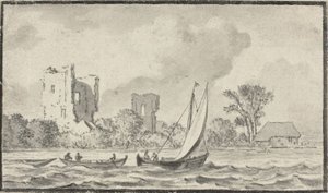 Trois bateaux sur une rivière avec des ruines le long du rivage - Allart van Everdingen