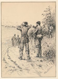 Officiers et général regardant une bataille navale (Bataille du Monitor et du Merrimac)