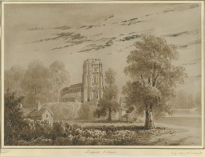 Lichfield - Église Saint-Chad : dessin sépia rouge, juillet 1842 - Allen Edward Everitt