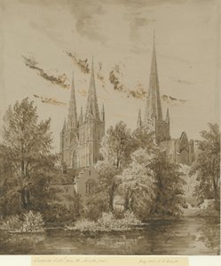 Cathédrale de Lichfield - Vue Sud-Ouest: dessin sépia, Jul 1842 - Allen Edward Everitt