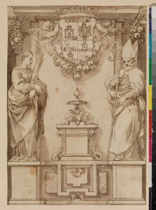 Conception pour une page de titre avec deux saints sur des piédestaux et un blason espagnol imaginaire, 17ème siècle - Alonso Cano