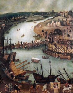 La ville de Séville. Détail du port et des activités commerciales (fin 16e siècle)