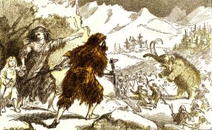 Préhistoire - chasse au mammouth. Période glaciaire : Création naturelle et êtres vivants. Dessin par A. Demarle. 1885