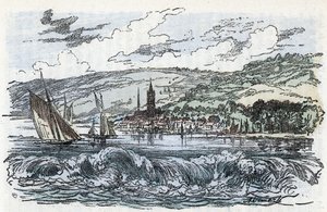 Vue du mascaret de la Seine à Caudebec-en-Caux (Caudebec en Caux) en Seine-Maritime, Normandie. Gravure tirée de « La Nature et l