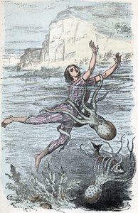 Planche zoologique : nageur saisi par une pieuvre. Gravure de « L