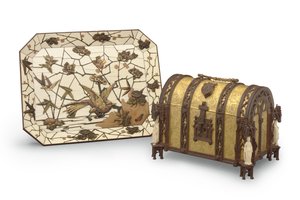 Plat, marqueterie par Ferdinand Duvinage, et coffret à bijoux de style gothique, vers 1880 - Alphonse Gustave Giroux