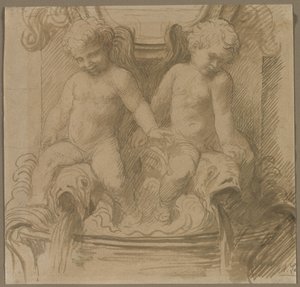 Fontaine avec putti chevauchant des dauphins, seconde moitié des années 1800 - Alphonse Legros