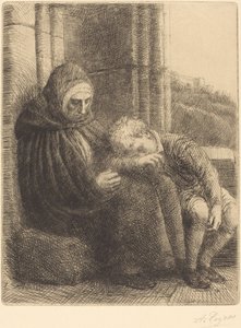 Femme assise contre un mur, enfant avec sa tête sur ses genoux - Alphonse Legros