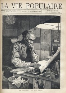 Un copiste concentré travaillant dans son bureau. Illustration par Alfons Maria Mucha