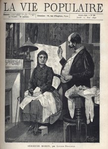 Une jeune femme malade, aux yeux fiévreux, tient une tirelire dans sa main et fait face avec fatigue à un grand docteur qui manie un instrument pour vérifier ses oreilles. Sur les genoux de la jeune femme assise près de la cheminée, ainsi que sur les meubl - Alphonse Mucha