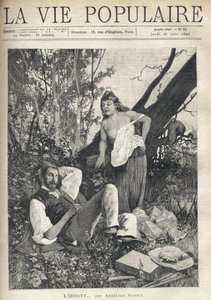 Une jeune femme, décoiffée, dénudée, poitrine apparente, se penche avec confiance et amusement vers un peintre allongé, dormant en pleine nature, veste, chapeau, matériel et pipe éparpillés sur le sol. Illustration par Alfons Maria Mucha (Alphonse Marie Mu