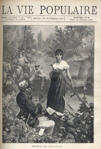 Un vieil homme lit une lettre à une belle jeune paysanne tenant une faux. Des chasseurs observent la scène au loin. Illustration par Alfons Maria Mucha - Alphonse Mucha