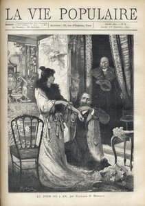 Un vieil homme surprend une scène galante : un homme agenouillé devant une femme élégante lui attache un bracelet au poignet. Illustration par Alfons Maria Mucha (Alphonse Marie Mucha