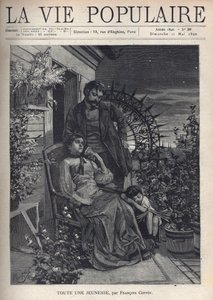 La nuit, sur un balcon fleuri, une famille est rassemblée autour de la mère assise sur un fauteuil, tenant la main de son mari debout derrière elle, tous deux ont l