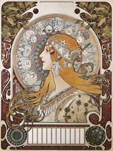 MUCHA, Alphonse Maria (1860-1939). Zodiaque. 1896. (67 x 48 cm). Affiche et calendrier publicitaire pour le magazine "La Plume". Modernisme. Lithographie - Alphonse Marie Mucha