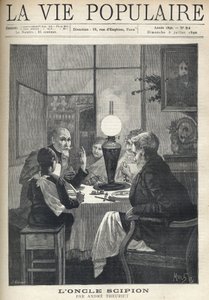 Scène de vie familiale : autour de la table à dîner, une famille est réunie, éclairée par une lampe à huile et écoute attentivement un oncle en visite, les yeux brillants et la main marquant les points forts de son histoire. Illustration par Alfons Maria M - Alphonse Mucha