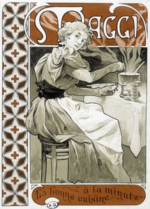 Jeune femme cuisinant sur une cuisinière à gaz - publicité Maggi « bonne cuisine en un instant », par Mucha, vers 1890 - Alphonse Mucha