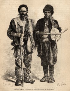 Mendiants itinérants bulgares, dont une personne aveugle jouant de la ghuzla (luth serbe à une corde) qui accompagne la récitation de poésies et de récits épiques, gravé d