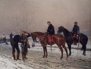 Général interrogeant un garde mobile soutenant un officier blessé, décembre 1870