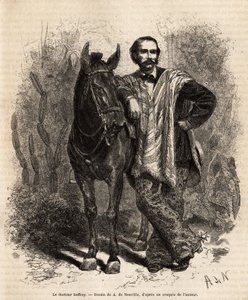 Portrait du Dr Saffray, les bras sur sa monture, en tenue de voyage, gravure d