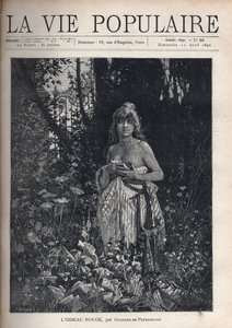 Une jeune femme nue, debout et décoiffée, couvrant son corps avec une couverture, entourée de végétation et d