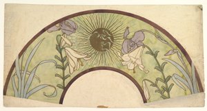 Conception pour un éventail avec rayons de soleil, lys et iris, fin 19e - mi 20e siècle - Alphonse Mucha