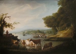 Un abreuvoir calme - Une scène étendue et illimitée avec du bétail
