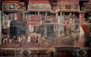 « Les effets du bon et du mauvais gouvernement sur la ville et la campagne. » Détail de la ville. Fresque par Ambrogio Lorenzetti (1290-1348) - Ambrogio Lorenzetti