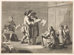 Cinq hommes et femmes regardant des estampes