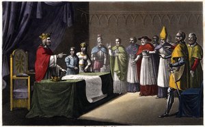 Assemblée de Worms : Louis Ier le Débonnaire (778-840), roi de France, déposé par ses trois fils (Lothaire, Pépin et Louis) pour avoir voulu redécouper son royaume au profit de son quatrième fils (Charles, une figure en bleu à côté du roi) en 833. - Ambroise Tardieu