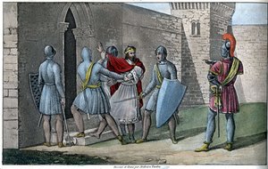 Charles III, dit «Le Simple» (879-929), dynastie carolingienne. Détrôné en 922 et forcé de se sauver, il se réfugia chez Herbert II de Vermandois (ca. 880-943) qui le tint prisonnier au château de Péronne en 923 - Dessiné et gravé par Ambroise Tardieu - Ambroise Tardieu