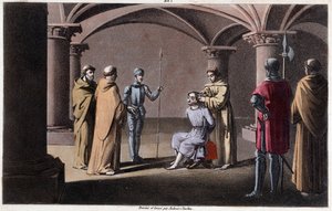 Childéric III détrôné et enfermé par Pépin le Bref dans un monastère à Saint-Omer entre 742 et 749. Dessiné et gravé par Ambroise Tardieu en 1825 - Ambroise Tardieu