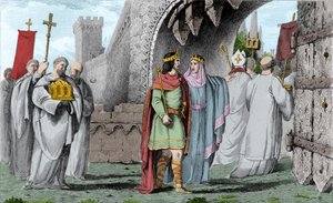 Chilpéric Ier (539-584) en procession religieuse - Gravure de 1825 dans « Histoire de France représentée par des tableaux synoptiques dédiée aux enfants de France »