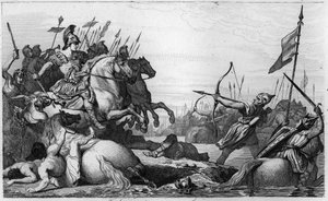 Clodion, Le Chevelu (c428-47) se retire à travers le pont après sa défaite par Aetius - Clodion dit « Le Chevelu » (ca. 428-ca. 448), ancêtre des Mérovingiens, chef des Francs Saliens - Clodion est vaincu par Aetius, général de Valentinien III - Ambroise Tardieu