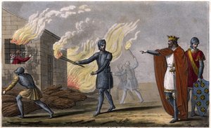 Clotaire Ier (497 - 561) brûle son fils Chramne dans une chaumière, révolté contre lui - Règne de Clotaire. Clotaire brûle dans une chaumière son fils Chramne révolté contre lui - Dessiné et gravé par Ambroise Tardieu en 1825