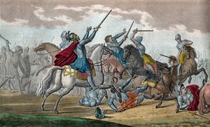 Clovis I (466-511), Roi des Francs, Dynastie des Mérovingiens - Lors de la bataille de Tolbiac contre les Alamans, il fit le vœu de se convertir au catholicisme si Dieu lui accordait la victoire - Dessin et gravure par Ambroise Tardieu en 1825