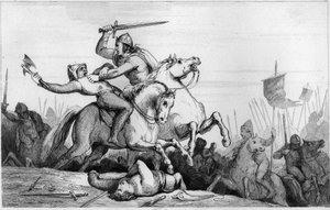 Le comte Eudes défendant Paris contre les Normands en 885 - Eudes (Odon), dynastie carolingienne, mène la bataille contre les Normands et défend victorieusement Paris (885 - 887) - Gravure de 1825 dans « Histoire de France représentée par peinture synoptiq