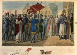 Dagobert (603 - 639) abaissant la bannière à Saint-Denis - Dagobert Ier (? - 639), roi des Francs, dynastie des Mérovingiens. Il fonda l
