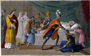 Mort de Pépin de Herstal (635-714) entouré de sa famille - Mort de Pépin de Herstal (grand-père de Pépin le Bref), entouré de sa famille et en présence de Dagobert III (714) - Dessiné et gravé par Ambroise Tardieu en 1825 - Ambroise Tardieu