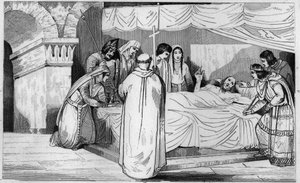 Mort de Pépin de Herstal (635-714) entouré de sa famille - Gravure de 1825 dans « Histoire de France représentée par des tableaux synoptiques » - Ambroise Tardieu