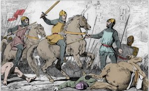 Hugues Capet (941-996) capture Charles de Lorraine en 988 - Fin de la dynastie carolingienne, 988 : arrestation de Charles (953-991), duc de Basse Lorraine, par Hugues Capet (941-996) et son armée - Gravure de 1825 dans « Histoire de France représentée par - Ambroise Tardieu