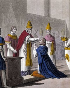 Louis II consacré une seconde fois au Concile de Troyes par Jean VIII en 879 (détail). Conçu et gravé par Ambroise Tardieu en 1825 - Ambroise Tardieu