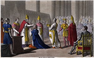 Louis II consacré une seconde fois au Concile de Troyes par Jean VIII en 879. Dessiné et gravé par Ambroise Tardieu en 1825 - Ambroise Tardieu